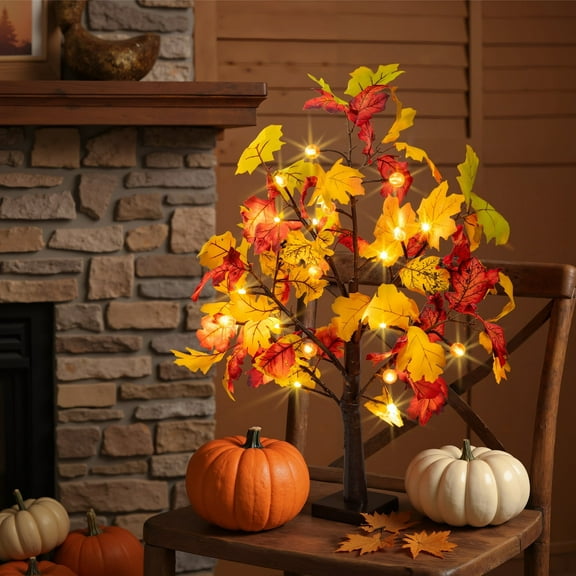 Scidweet Fall Decorations for Home, 25" 24 LED Artificial Fall Maple Leaves Table Tree with Pumpkins Lights Indoor Wedding Party Autumn Thanksgiving Decor