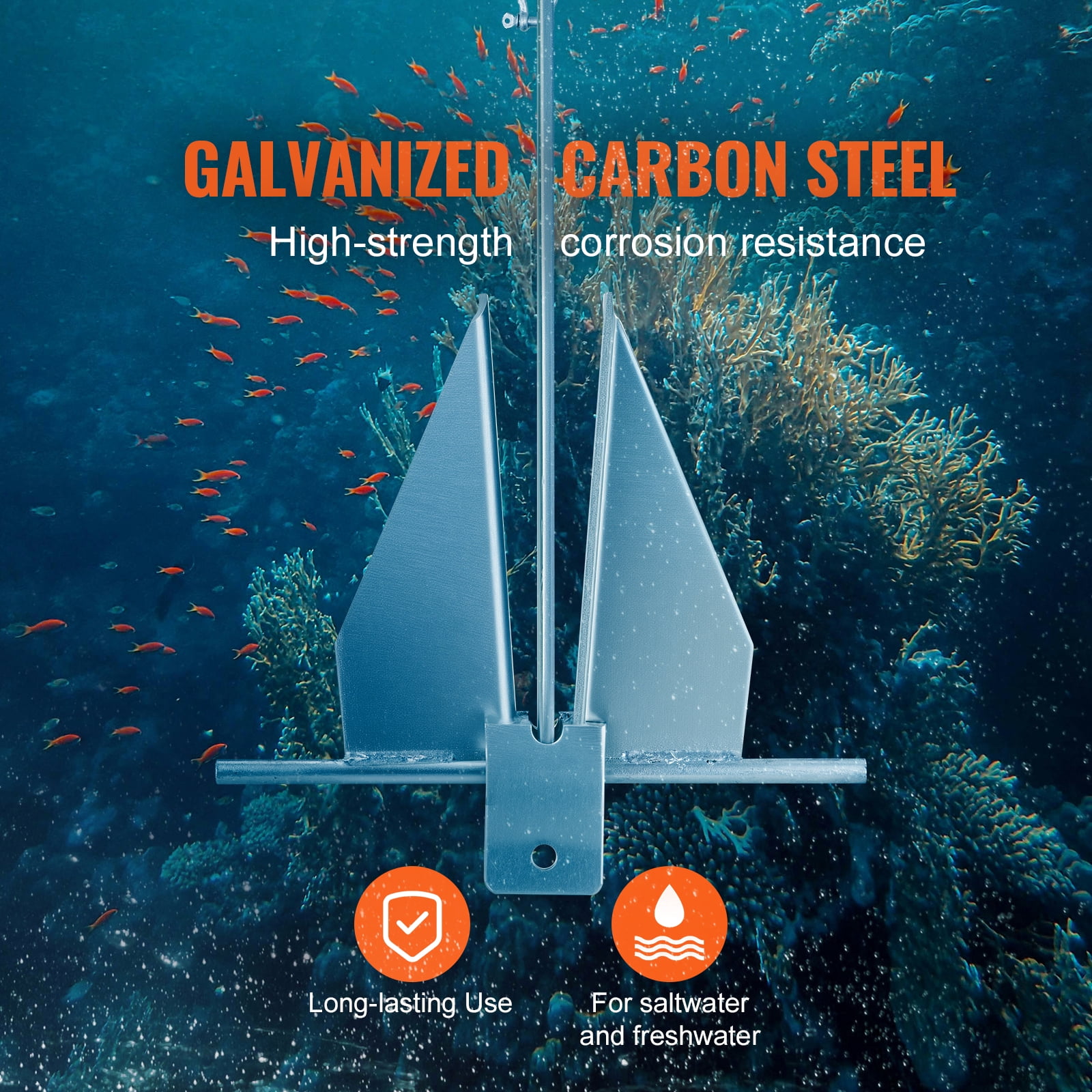 VEVOR Fluke Style Anchor Kit, 13 LBS Hot-Dipped Galvanized Steel Fluke Anchor with 7.9' Chain, 101' Rope and Two 0.4" Shackles, Marine Boat Anchor for Small Vessels Under 30', Seas, Rivers