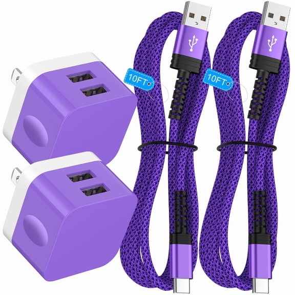 2 Pack 2.4A Dual-Port Fast Wall Charger Block with 10FT Type-C Cables, Power Adapter Compatible with iPhone 17/16/15 Pro Max iPad Pro Galaxy S26 Android,Purple