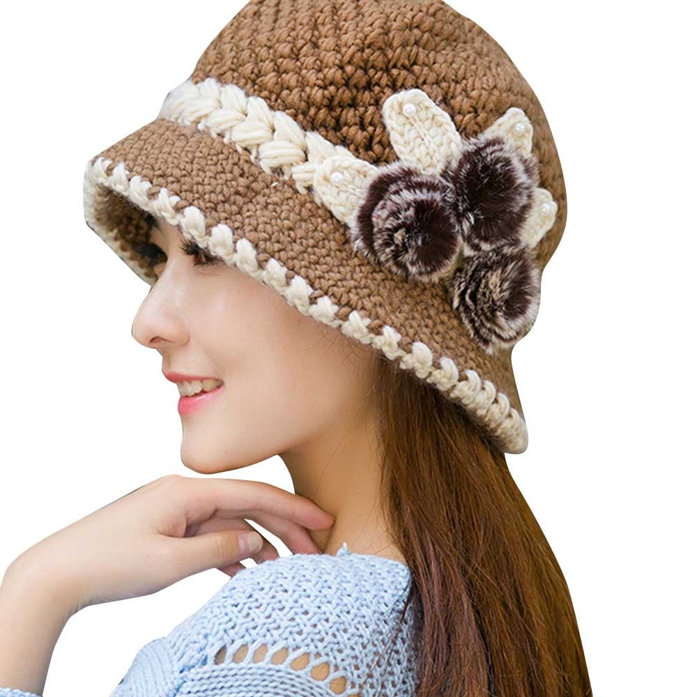 Women\'s Brown Cream Crocheted Flower Embellish Faux Far Circle Hat Women main image 3
