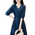 thumbnail image 2 of 2023 Manches d'Été Femmes V-Cou Mini Robe Solide Ample Court Plissée Fluide Robes (Bleu XL), 2 of 2