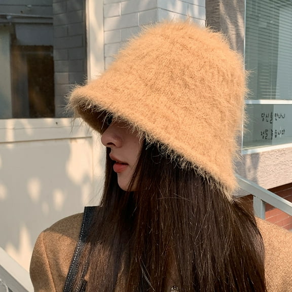 SikaFu Korean Rabbit Hair Hat, Versatile For Women In Autumn And Winter, Plush Fisherman Hat, Revealing Face, Small Bucket Hat, Korean Version Of Warm And Cold Basin Hat