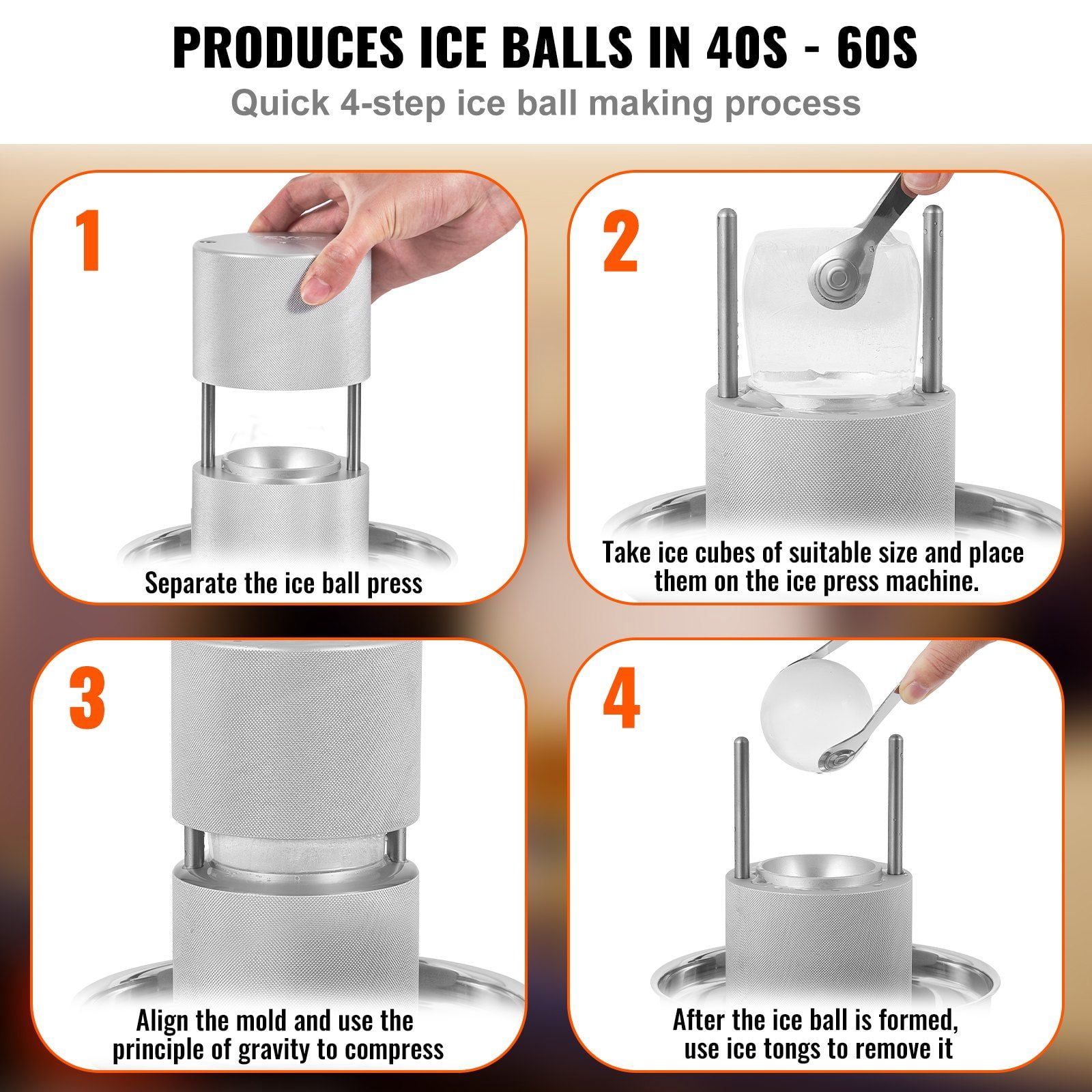2.4" Ice Ball Press Kit, Aircraft Aluminum Alloy Ice Sphere Maker for 60mm Ice Balls - Includes Tongs & Drip Tray, Perfect for Whiskey, Bourbon, Scotch Cocktails - Party & Holiday Essential (Silver)
