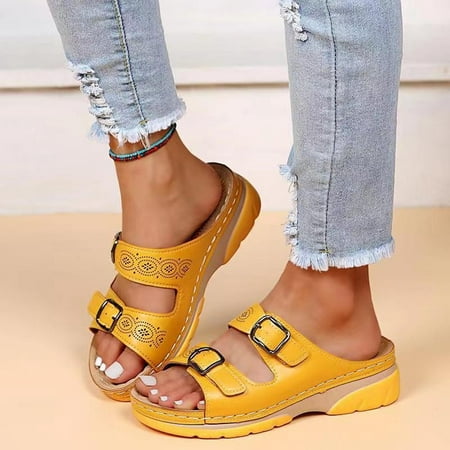 

Summer Savings! Zpanxa Slippers for Women Leisure Vacation Comfortable Belt Buckle Wedge Beach Sandals Flip Flops for Women Yellow 41