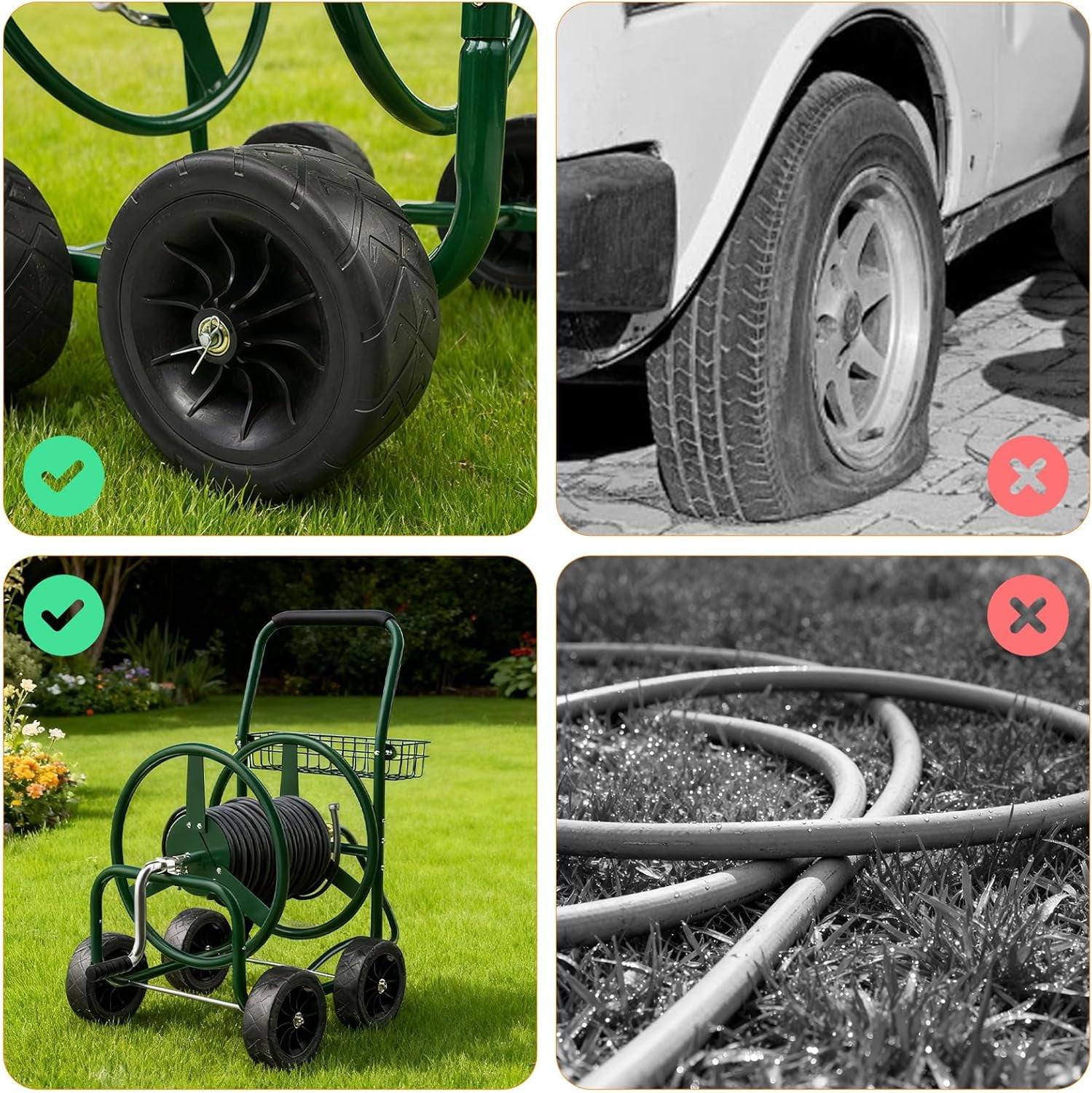 CHTER 4-Wheel Garden Hose Reel Cart with Storage Basket, Portable Residential Hose Reel Cart, Lawn Watering, for Garden Backyard and Farm (Green 250FT)