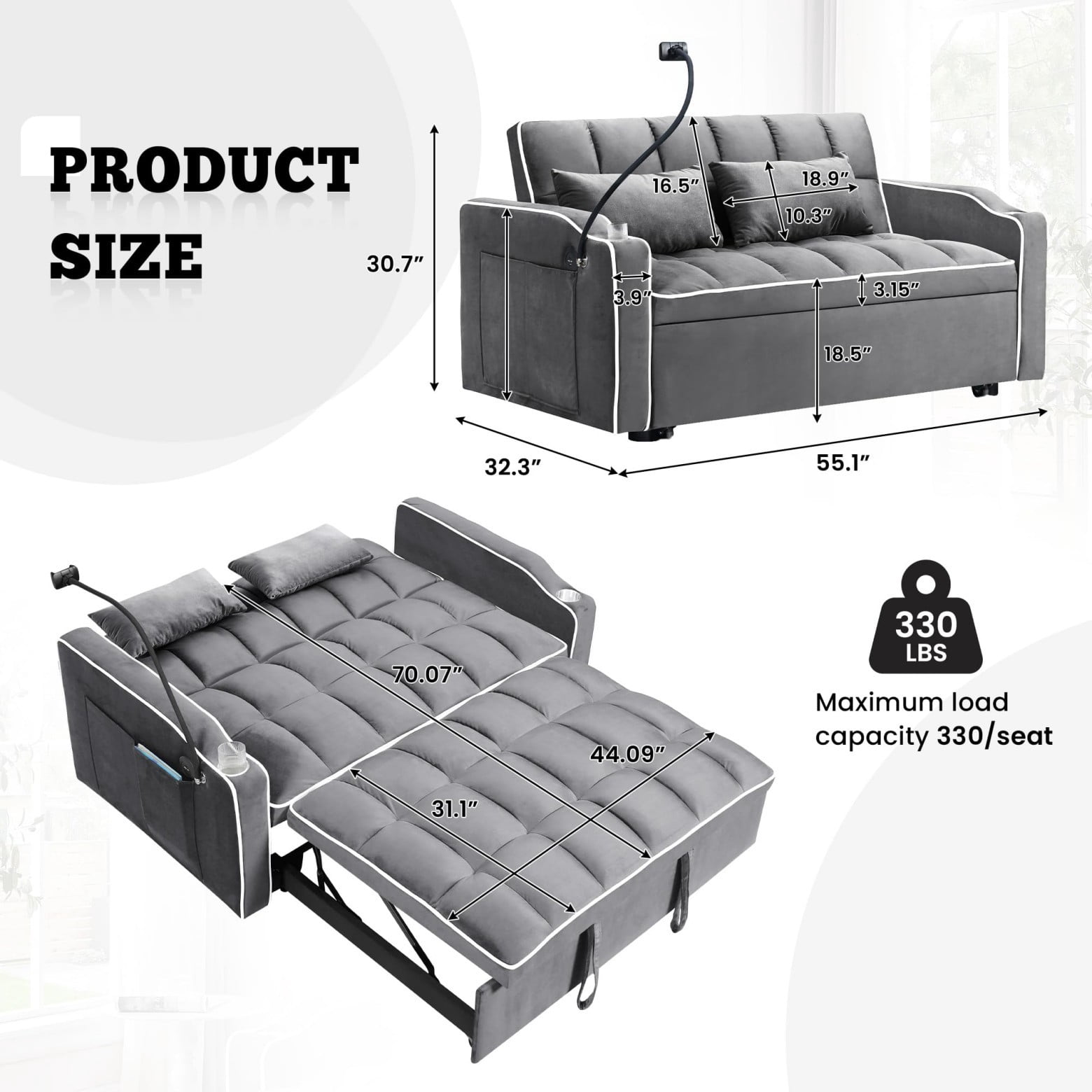 55" 3 in 1 Convertible Sofa Bed with Phone Holder, Loveseat Couch with Pull Out Bed, Space-Saving Apartment Sofa, Dark Gray
