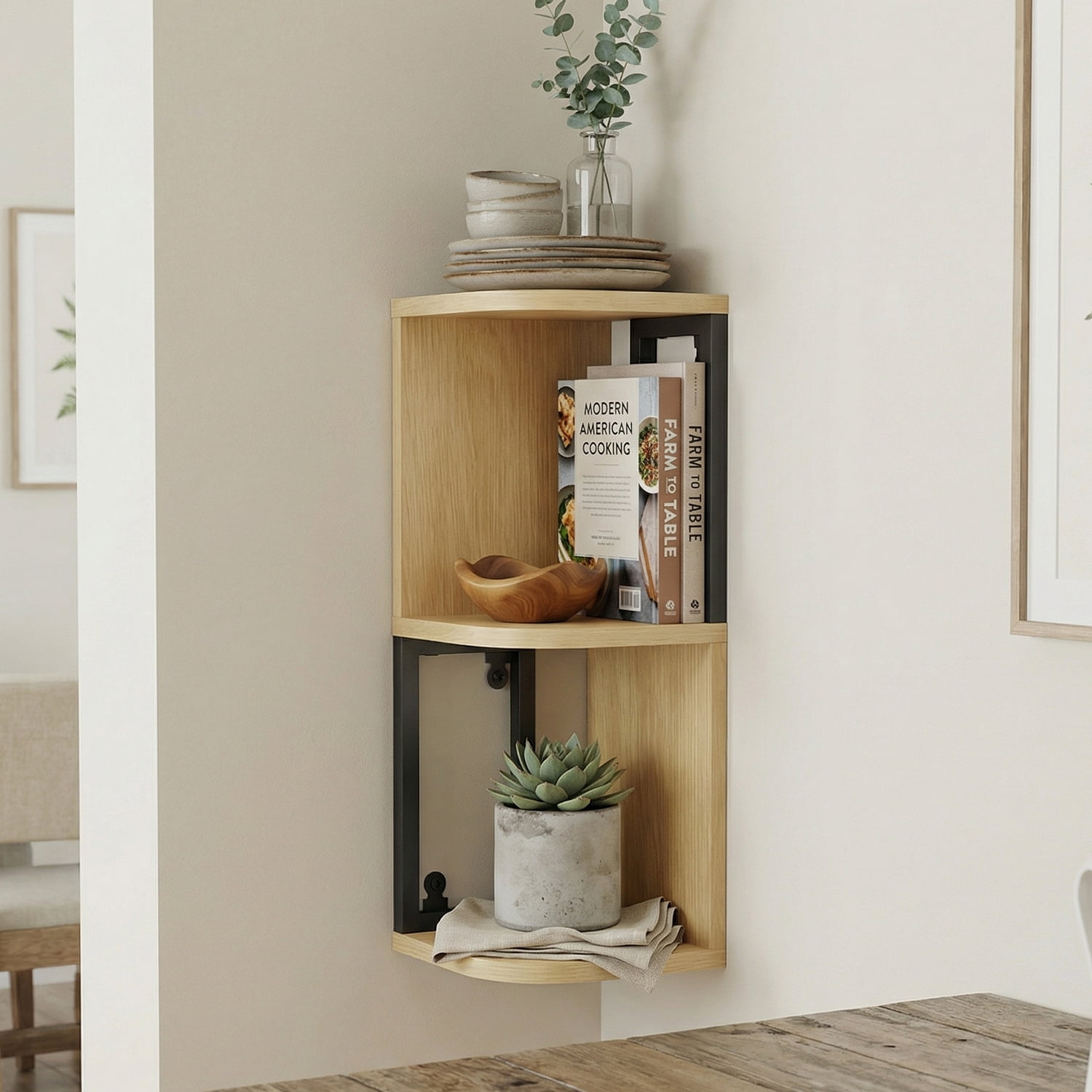 Demi Bonn L-Shaped Corner Wall Mounted Floating Shelves, Light Wood & Black Metal Frame, Invisible Bracket Anti-Sag Solid Wood Shelving for Bathroom Kitchen Living Room