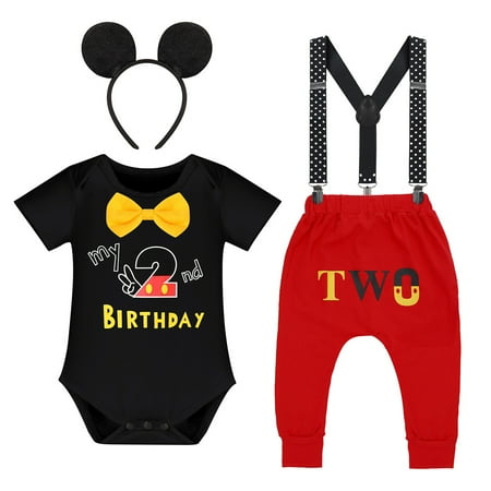

IBTOM CASTLE Baby Boys First Birthday Cake Smash Outfits Suspenders Bloomers Bowtie Mouse Ear Photography Props 4-Piece 2-3 Years Black-My 2nd Birthday