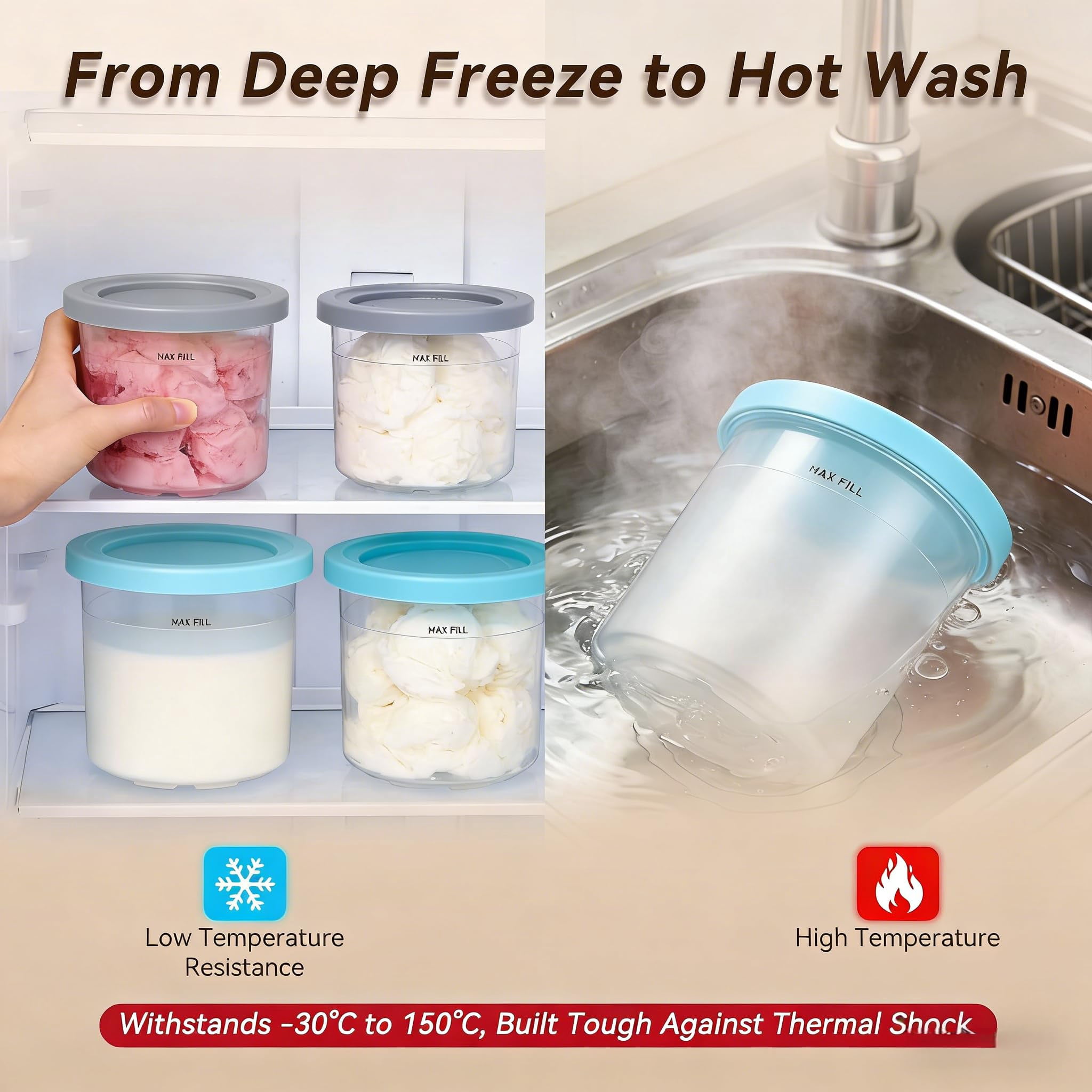 Ninja Creami Pints with Lids, Compatible with NC299AMZ & NC300s Series, Dishwasher Safe & BPA-Free Ice Cream Maker Containers Replacement Set