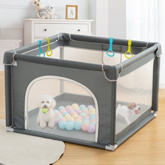 Baby Playpen, Caveen 36x36x27inch Portable Soft Mesh Sturdy Pipe Ample Space for Toddler, Gray