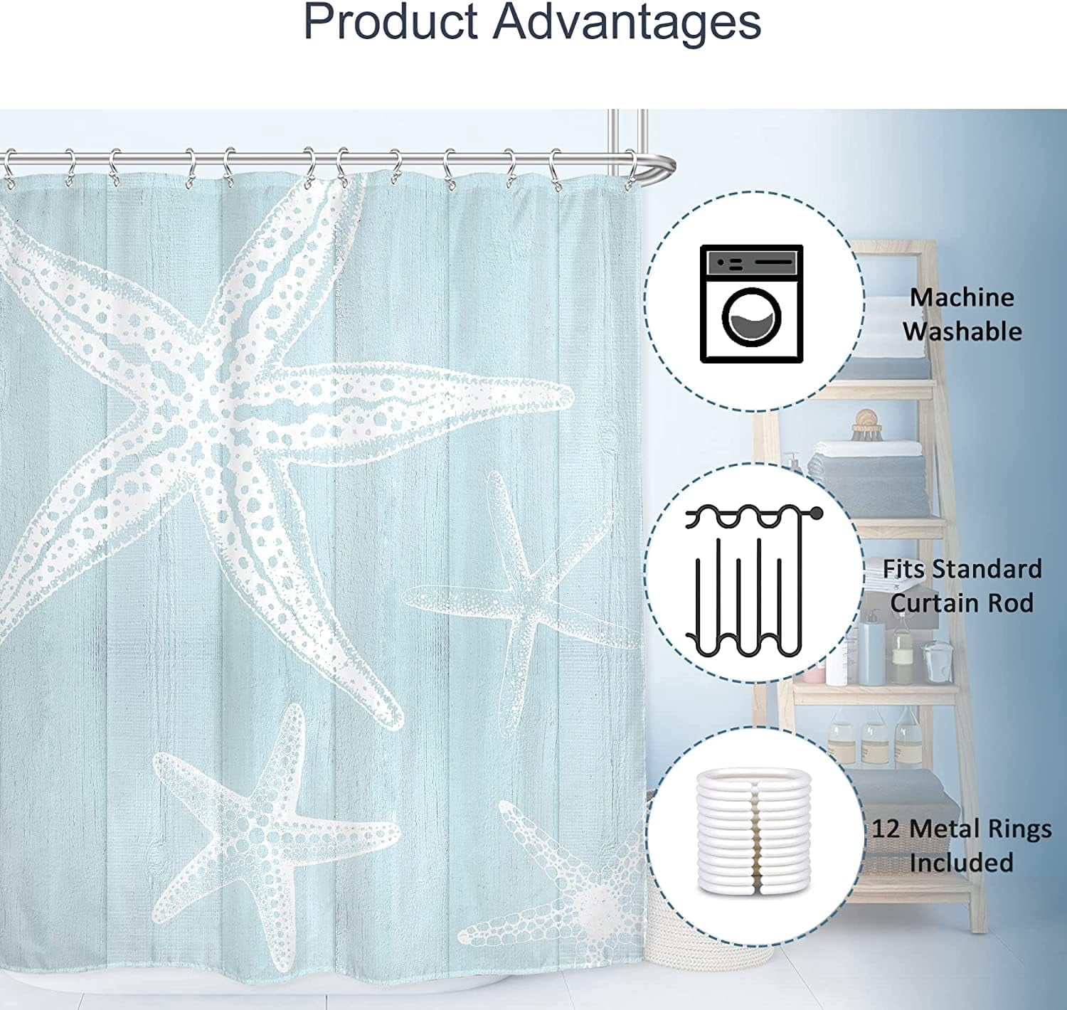 Beach Starfish Shower Curtain 72Wx72L Inch Coastal Farmhouse Nautical Vintage Country Wooden Plank Ocean Rustic Artwork Cloth Fabric Waterproof Polyester Bathroom Decor Set with 12 Pack Hooks