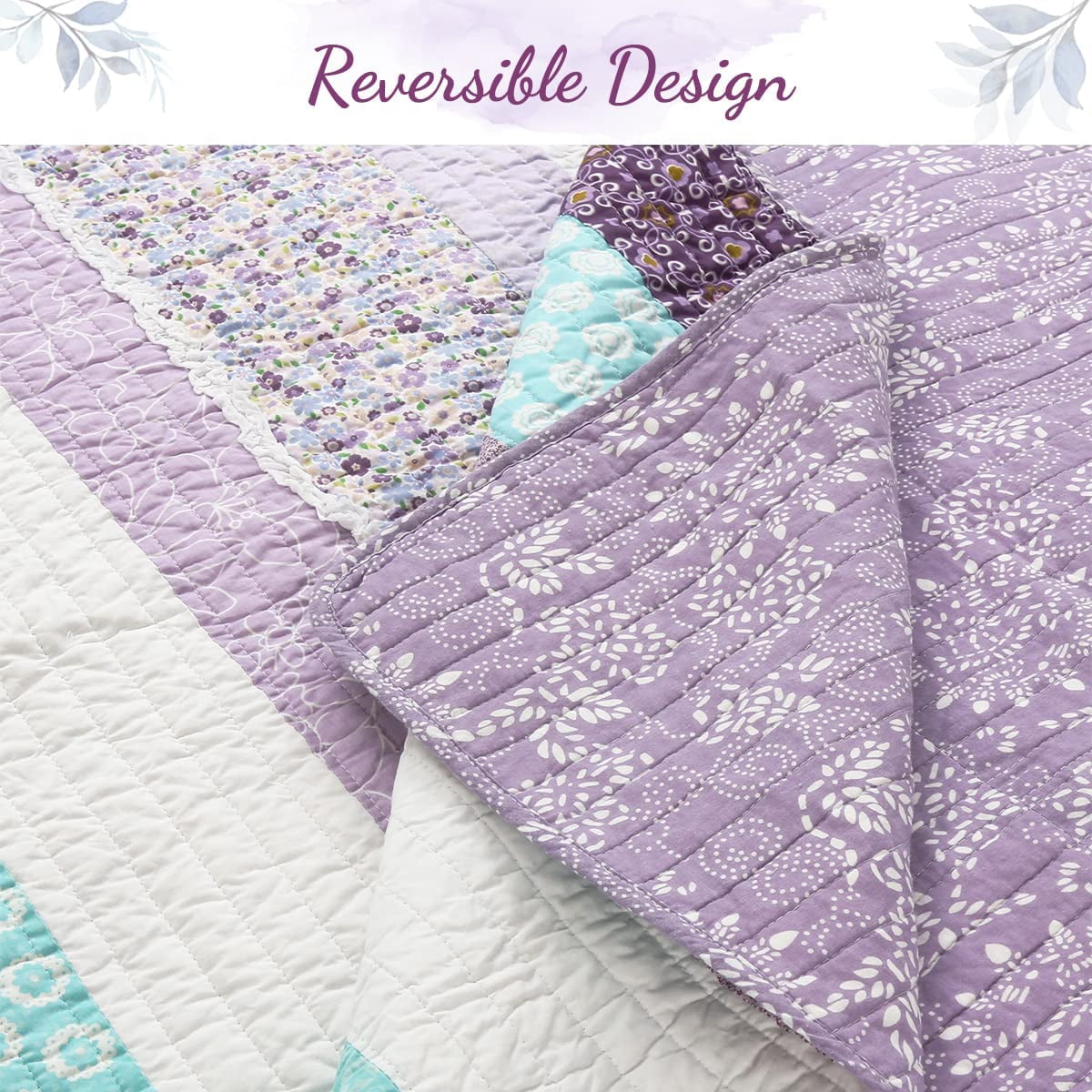 Purple Cosmos Spring Floral Stripe Garden Lavender Teal & White Ruffle Cotton Queen Reversible Quilt Bedding Set