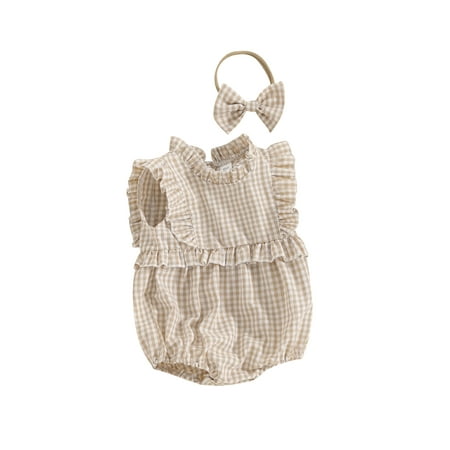 

Niceyoeuk Baby Summer Romper Sleeveless Ruffle Plaid Romper with Headband