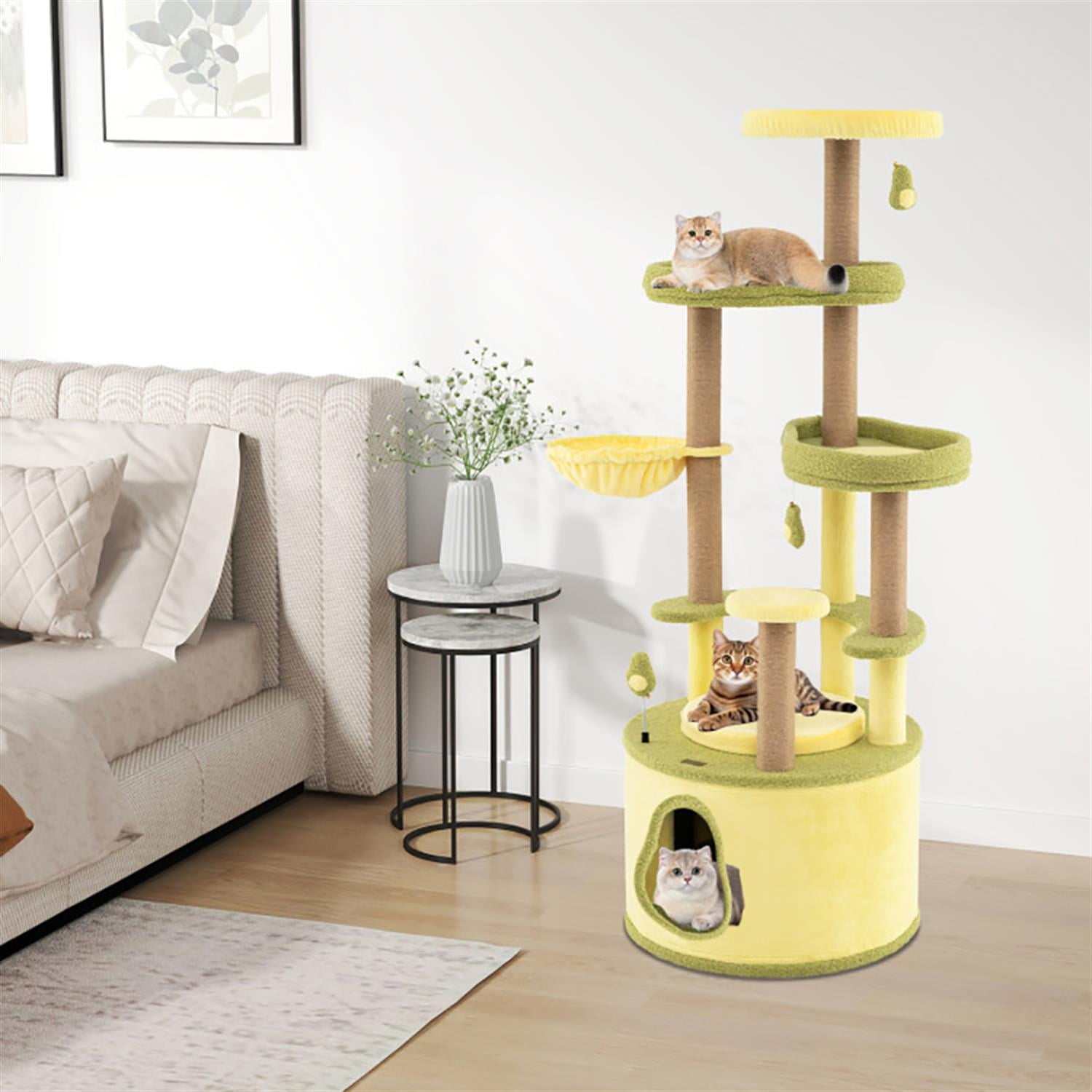 Kadyn 62" Cat Tree Tower with Private Condo for Indoor Cats, Multifunctional Plush Cat House with Scratching Posts and Padded Top Perch, Green