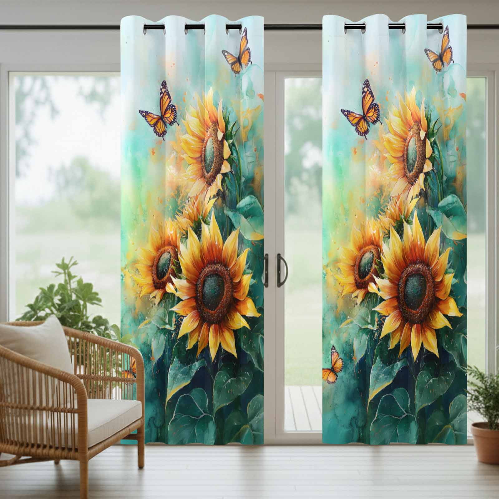 Watercolor Sunflower Outdoor Curtains for Patio Waterproof, Floral Butterfly Teal Green Leaf Grommet Curtains for Porch Outside Privacy Drape for Gazebo Garden Pergola, 2 Panels, 54x108in