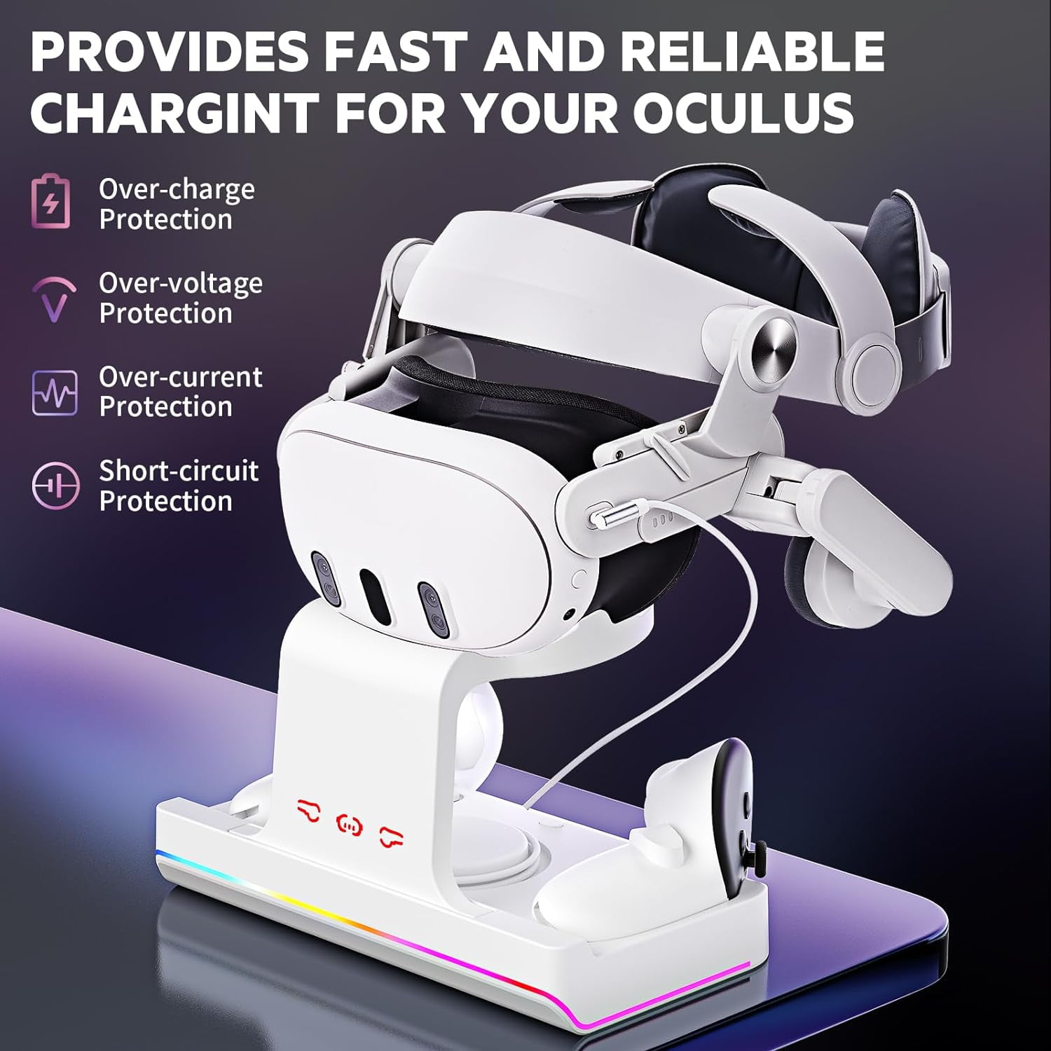 Charging Dock for Oculus/Meta Quest 3- Magnetic Docking Station with LED  Light - Headset Display Stand and Controller Mount, 2 * 1800Mah  Rechargeable Batteries White 