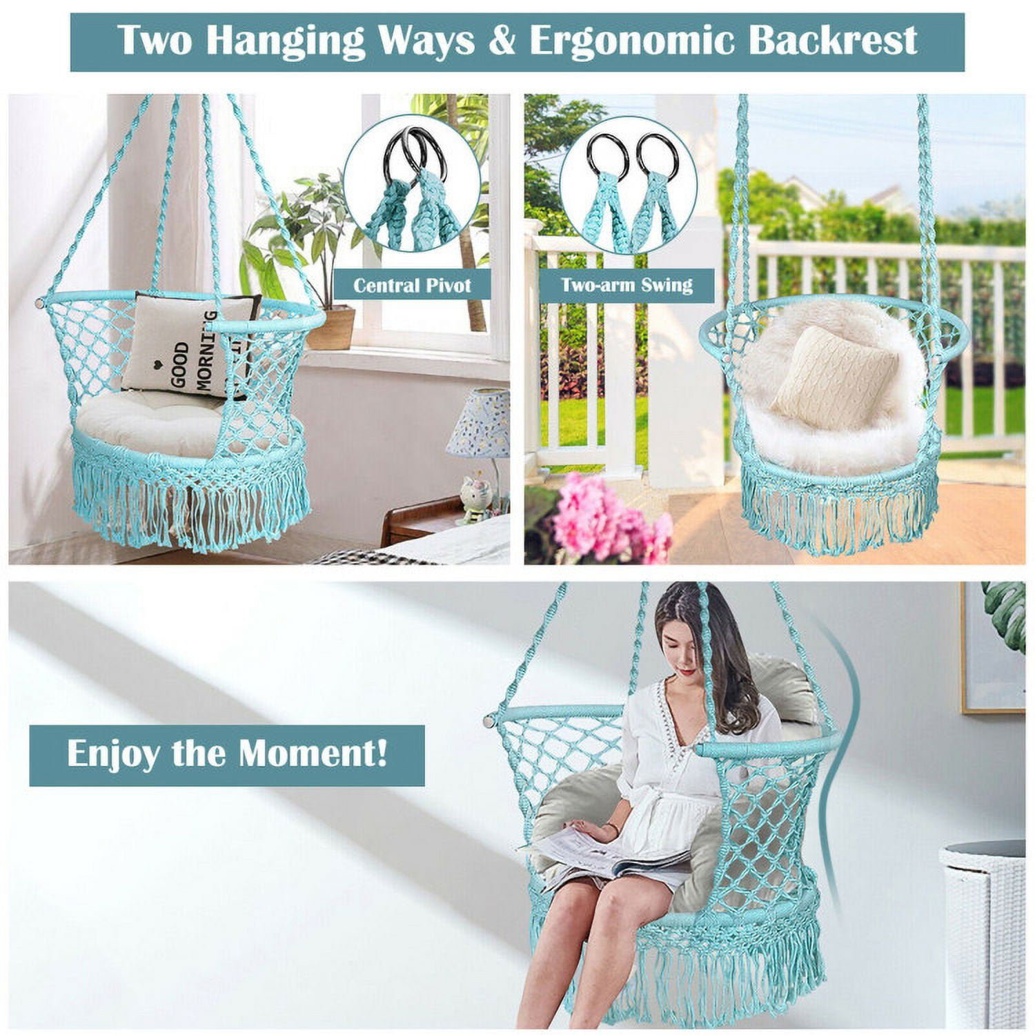 Aimee Lii Hanging Hammock Chair with 330 Pounds Capacity and Cotton Rope Handwoven Tassels Design, Patio Swing Chair, Turquoise
