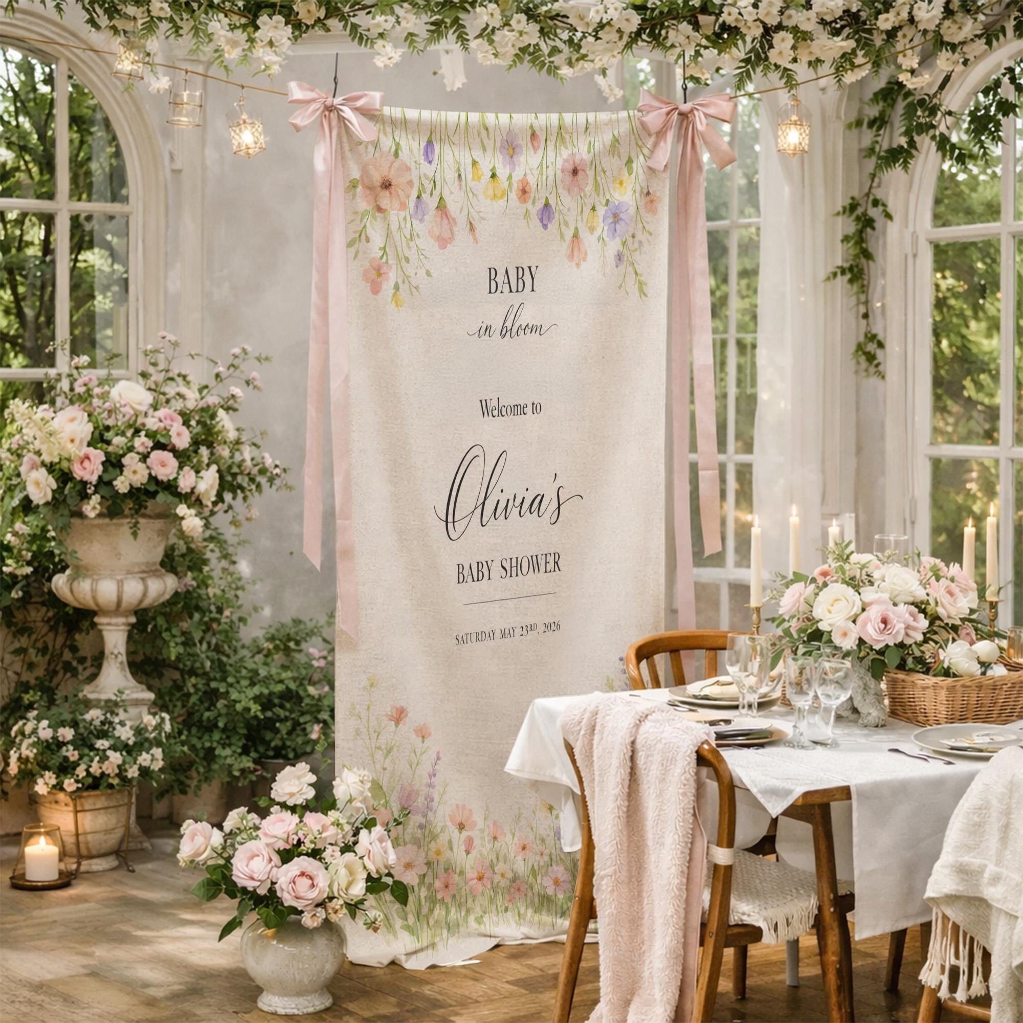 ViciArt Baby in Bloom Welcome Sign Floral Baby Shower Backdrop Personalized Banner