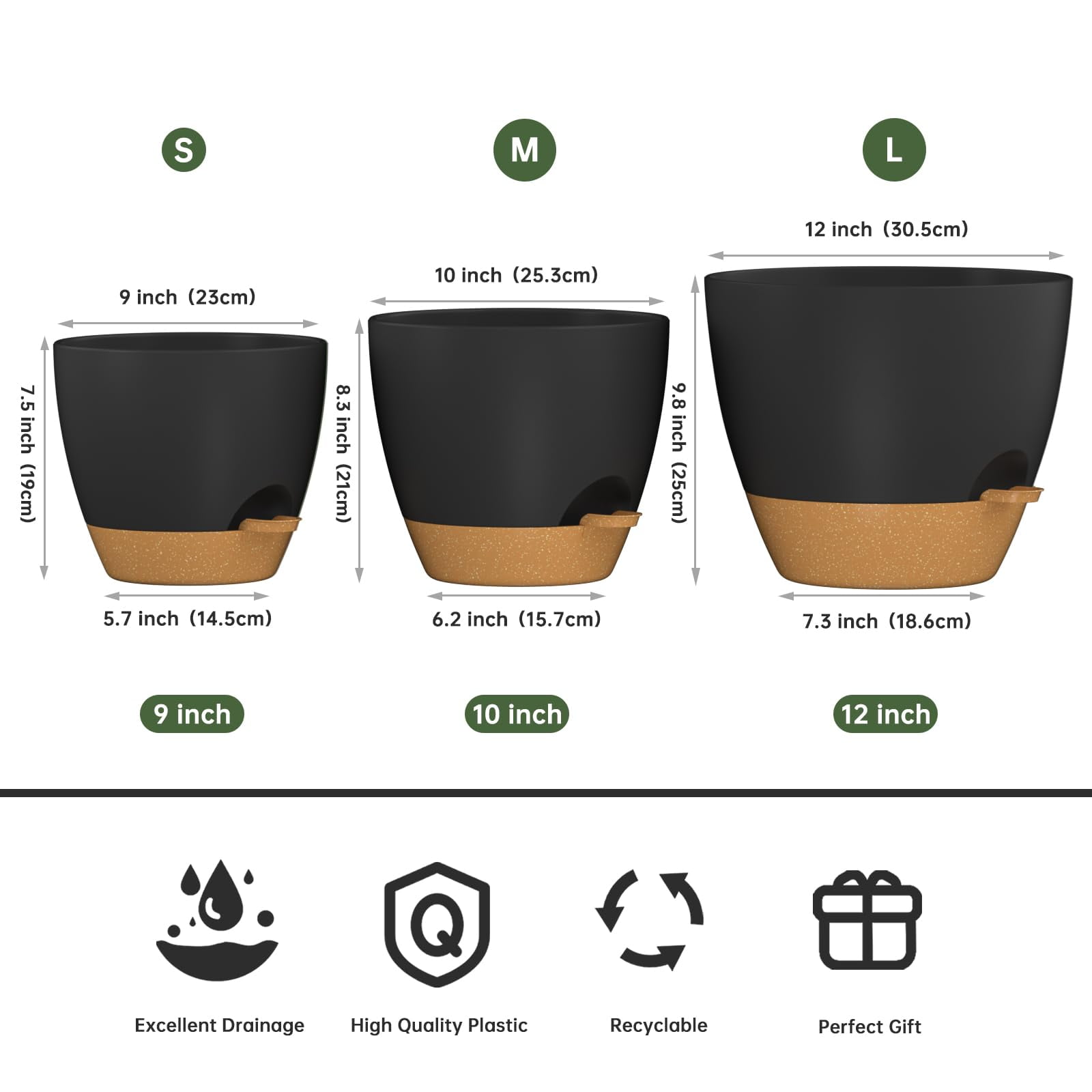 FIASON 3 Pack 8/9/10 Inch Black Grey Self-Watering Plant Pots, Plastic Planters with Watering Lip, Drainage Holes and Removable Saucer for Indoor Outdoor Plants