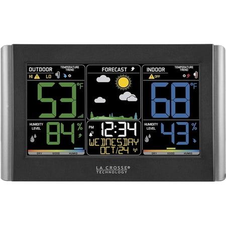 Weather Station with Customizable Alerts, Forecast, Temperature, Dew Point, Humidity, Time, Heat Index, Large Display, Adjustable Brightness, Wireless, Black, C85845-INT