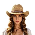 thumbnail image 3 of Womens Hat Unisex Western Boho Wide Brim Straw Sun Hat Beach Seaside Khaki One Size, 3 of 5