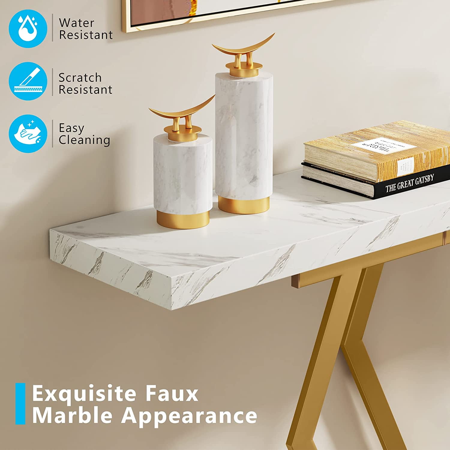 Tribesigns 70.9 Inch Extra Long Sofa Table, Console Table with Faux Marble Tabletop, Modern Long Entryway Table with Metal Frame, White & Gold