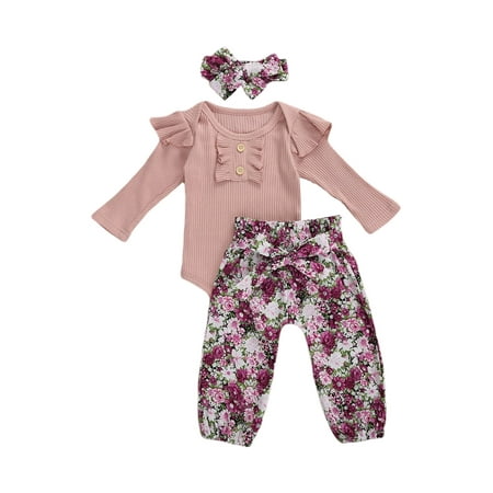 

Three Piece Baby Girl’s Clothes Fresh Solid Color Long Sleeve Jumpsuit and Stripe Floral Long Pants with Headband