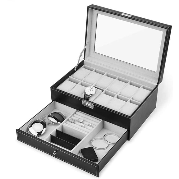 Watch Box Watch Cases Jewelry Organizer for Men 12 Slot Lockable PU Leather Glass Lid Jewelry Display Drawer Case, Unisex Black