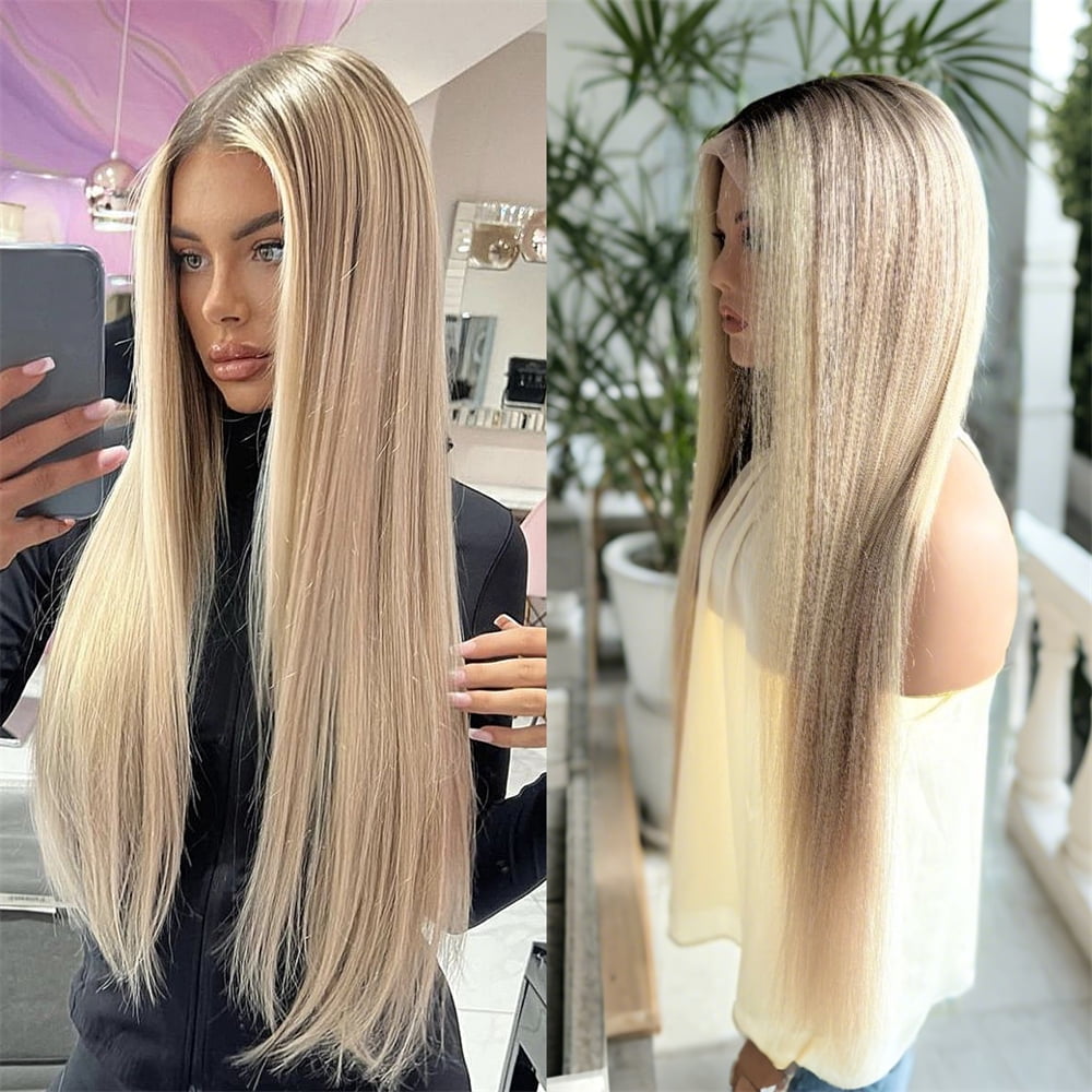 Tender Pearl Beige Blonde Highlight Roots Dark Virgin Human Hair Wigs Balayage Long Straight Wig Human Hair With Baby Hair Glueless Invisible HD Transparent Lace Front Human Hair Wigs 180% Density