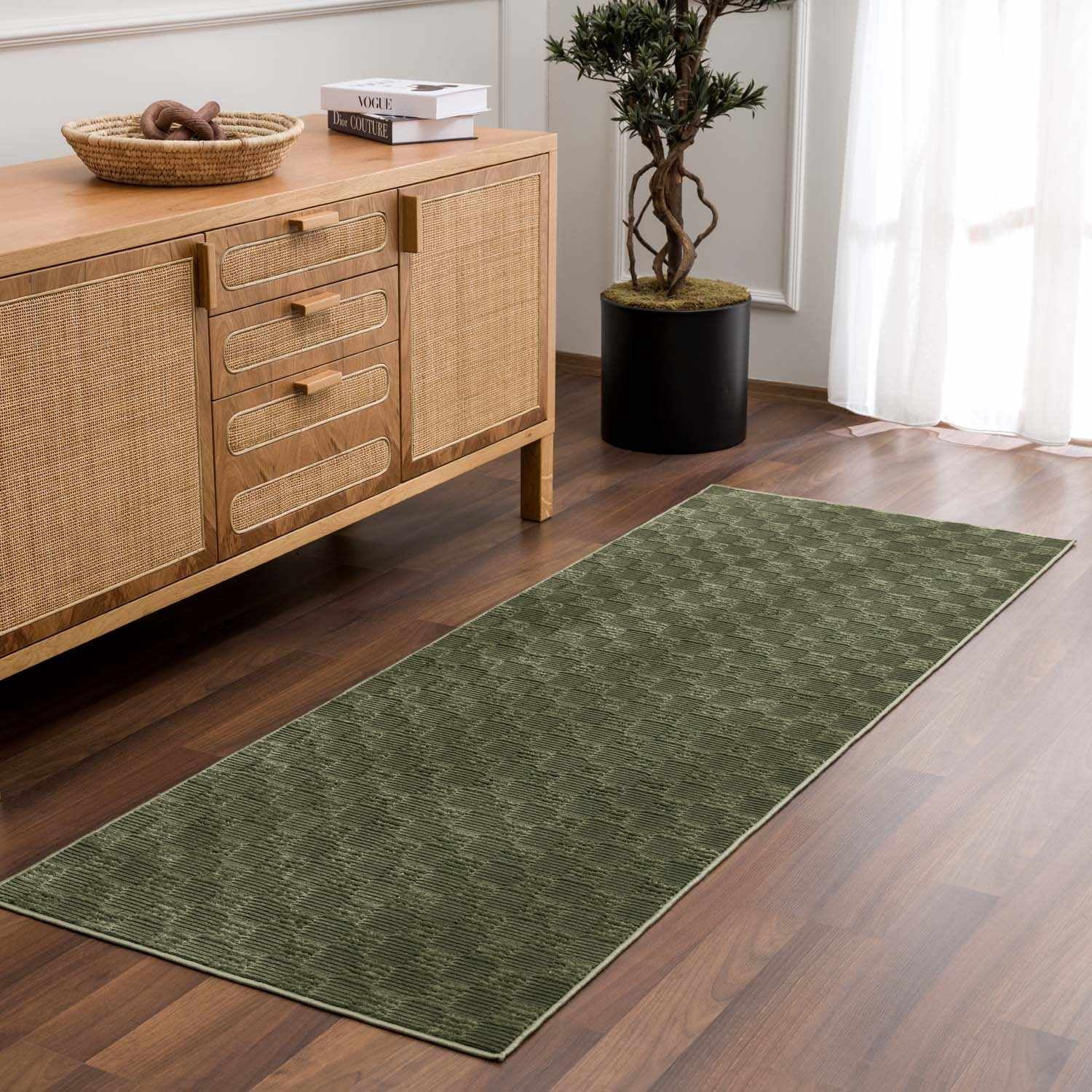 Hauteloom Truls Machine Washable Contemporary Area Rug - Modern Geometric Checkered Carpet for Living Room, Bedroom - Green - 5'3" x 7'