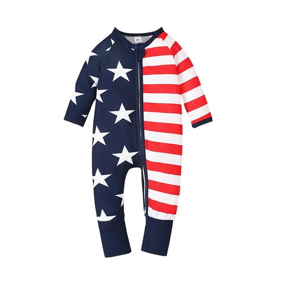 Weebloom Baby Boy Girl Outfits Footless 4Th Of July Long Sleeve Romper Jumpsuit For Independence Day Fall And Casual Zip Up Pjs Sleepers Onesies Pajamas Clothes Set Blue 0-3 Months