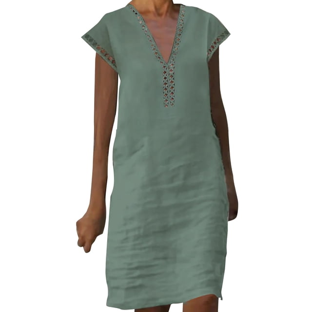 Cathalem Robe Kimono Boho Grande Taille pour Femmes, Manches Courtes, Babydoll en Denim, Vert S