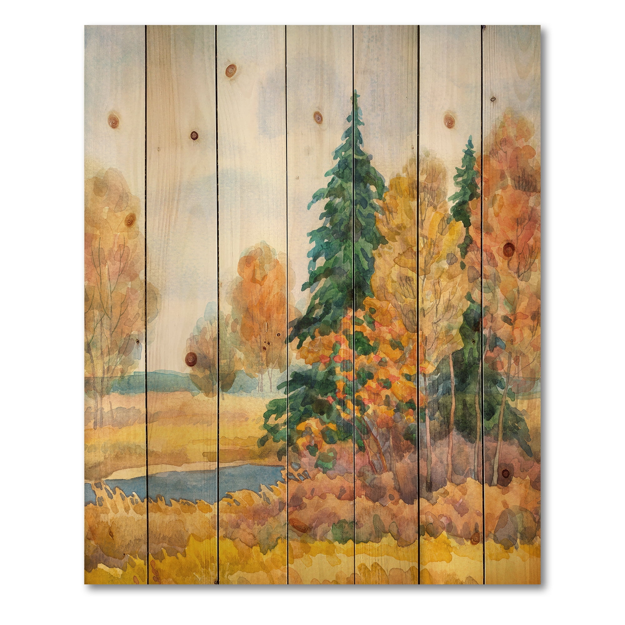 Designart 'Autumn Forest By The Lake Side V' Lake House Print on Natural Pine Wood