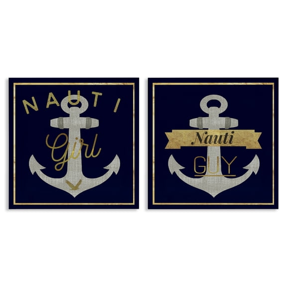 Stupell Industries Nauti Girl & Guy Anchors Nautical & Beach Painting Wrapped Canvas Art Print Wall Art, 17 x 17, Set of 2