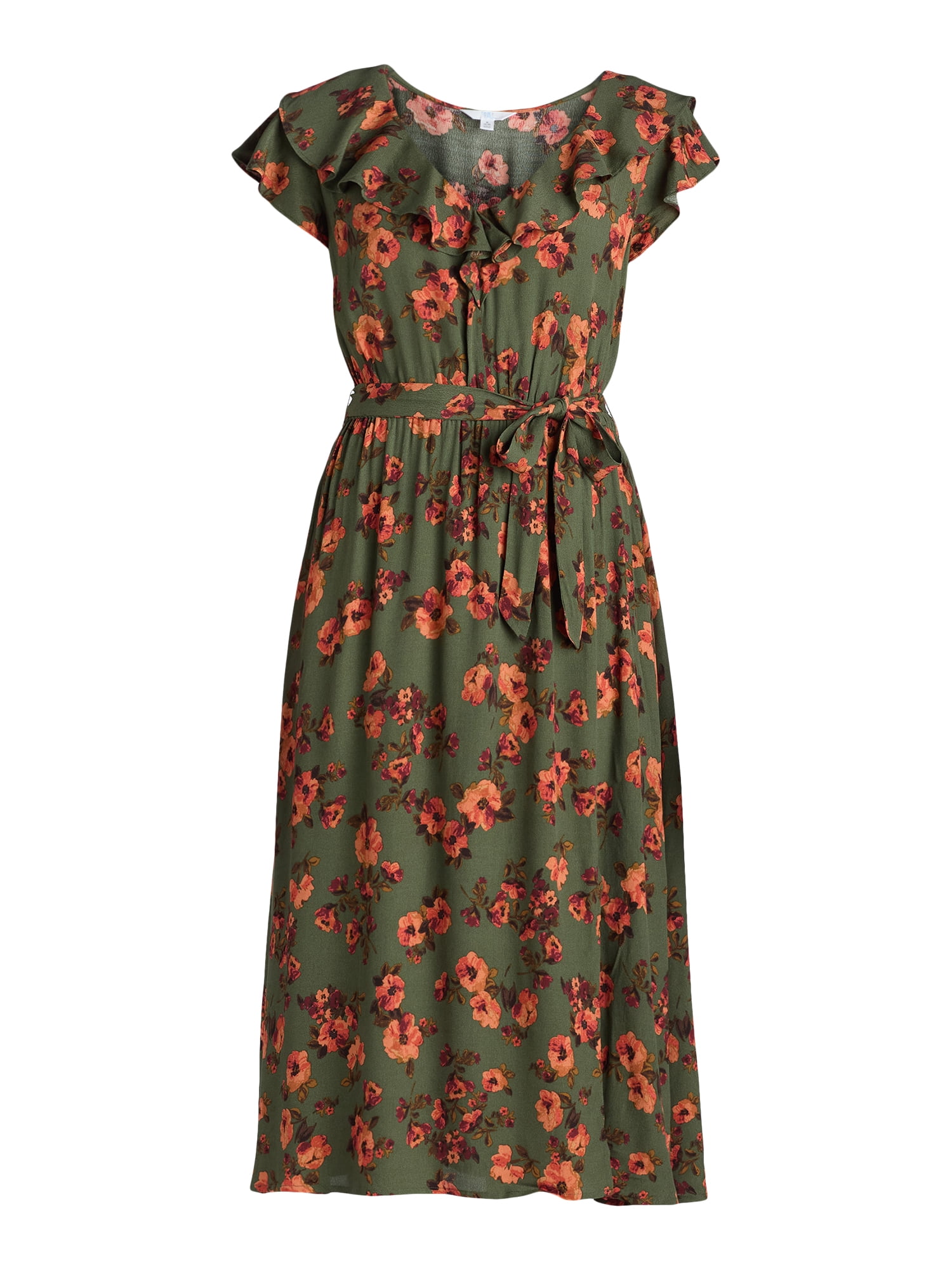 Time and Tru Women's and Women's Plus Ruffle Neck Midi Dress, Sizes XS-4X