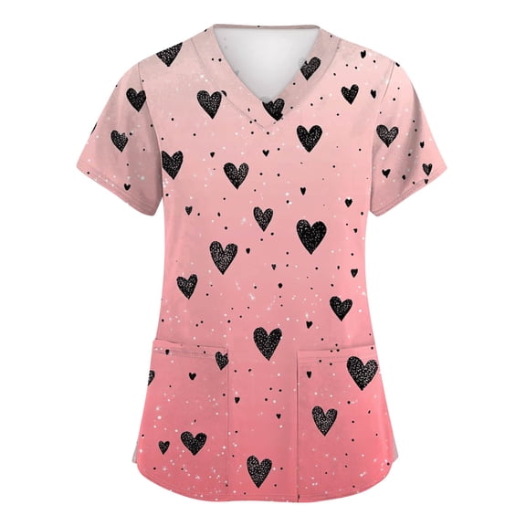 Valentines Tops for Women Heart Printed Stretchy Scrubs V Neck Short Sleeve Nursing Working Uniform with Pocket Pink XXL