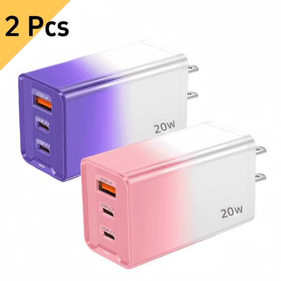 2Pack 20W USB C Wall Charger Block, 3-Port Fast Charging Type C Charger (2 USB-C 1 USB-A), Compact Travel Phone Charger Compatible with Various Types of Mobile Phones (Purple & Pink)