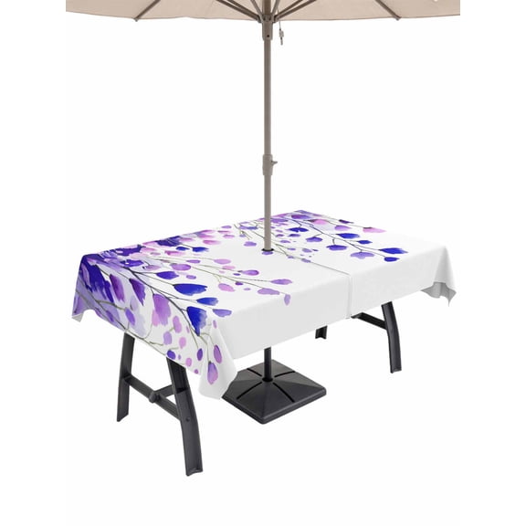Outdoor Tablecloth with Umbrella Hole for Patio/Picnic/Party/Camping, Spring Purple Wisteria Flowers Waterproof Table Cloth Rectangle Table Cover Washable, Rustic Floral Branches (52"x 70")