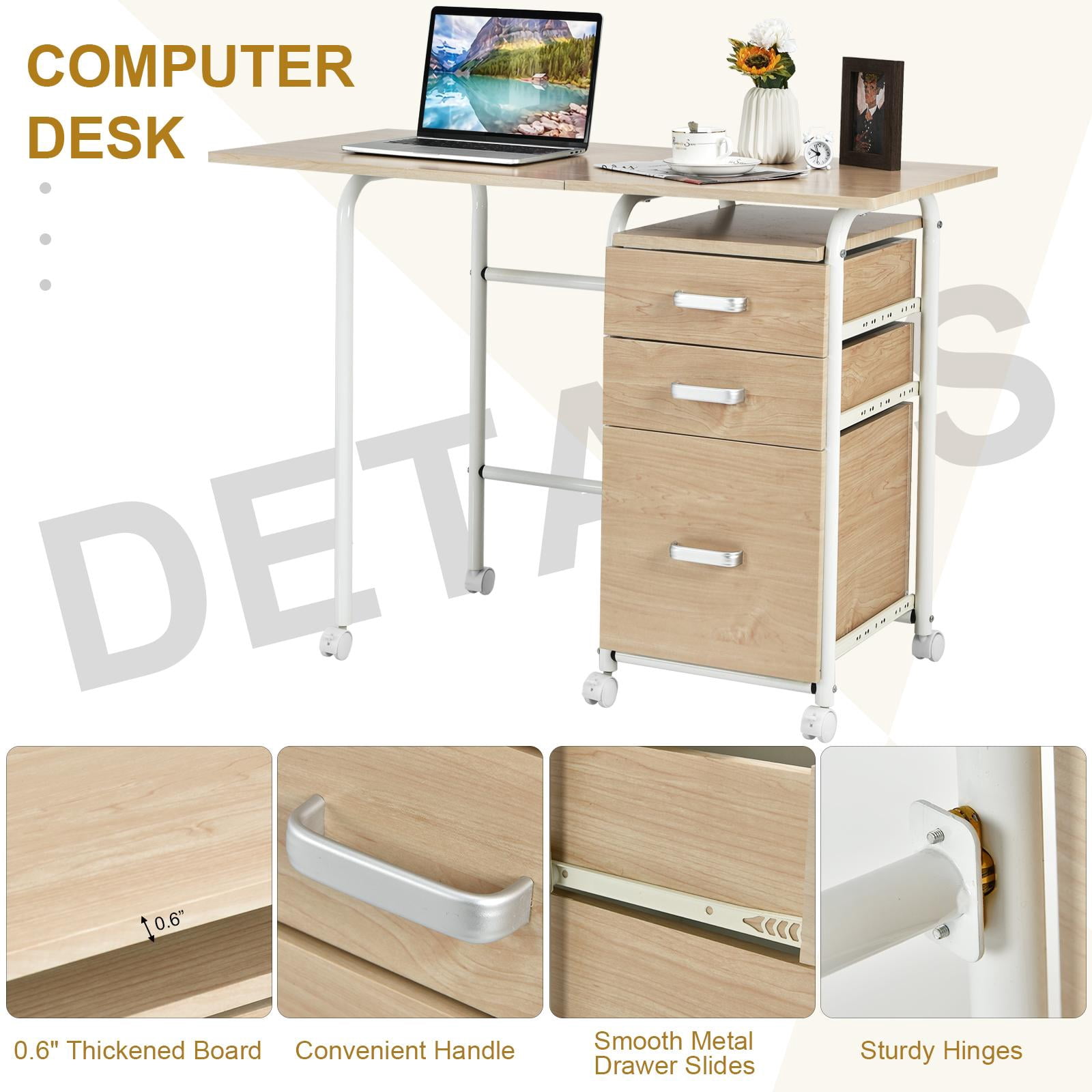 Giantex Folding Computer Study Desk, Home Office Desk w/Smooth Wheels & Large Drawers, Mobile Laptop Desk Writing Table (Natural)