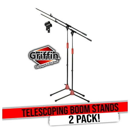 Griffin Tripod Microphone Boom Stand with Mic Clip (Pack of 2) - Telescoping Quality for Studio, Karaoke, Live Performances, Conferences Portable with Collapsible Legs & Removable Arm