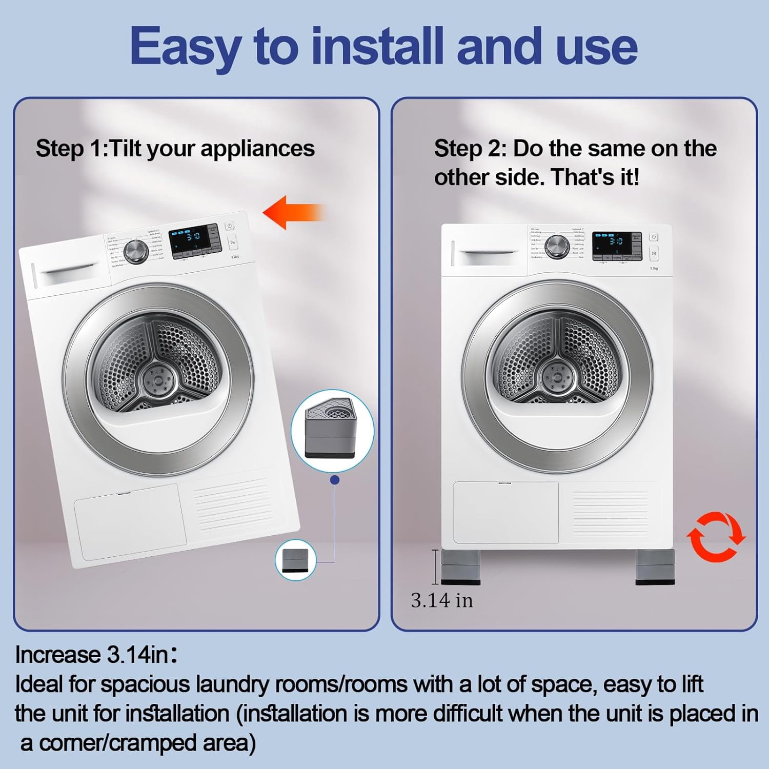 4Pcs Anti Vibration Pads for Washing Machine, Stops Washer Dryer Moving, Prevents Noise, Vibration Transfer, Antivibration Stabilizer Support Feet (Increase3.14in)