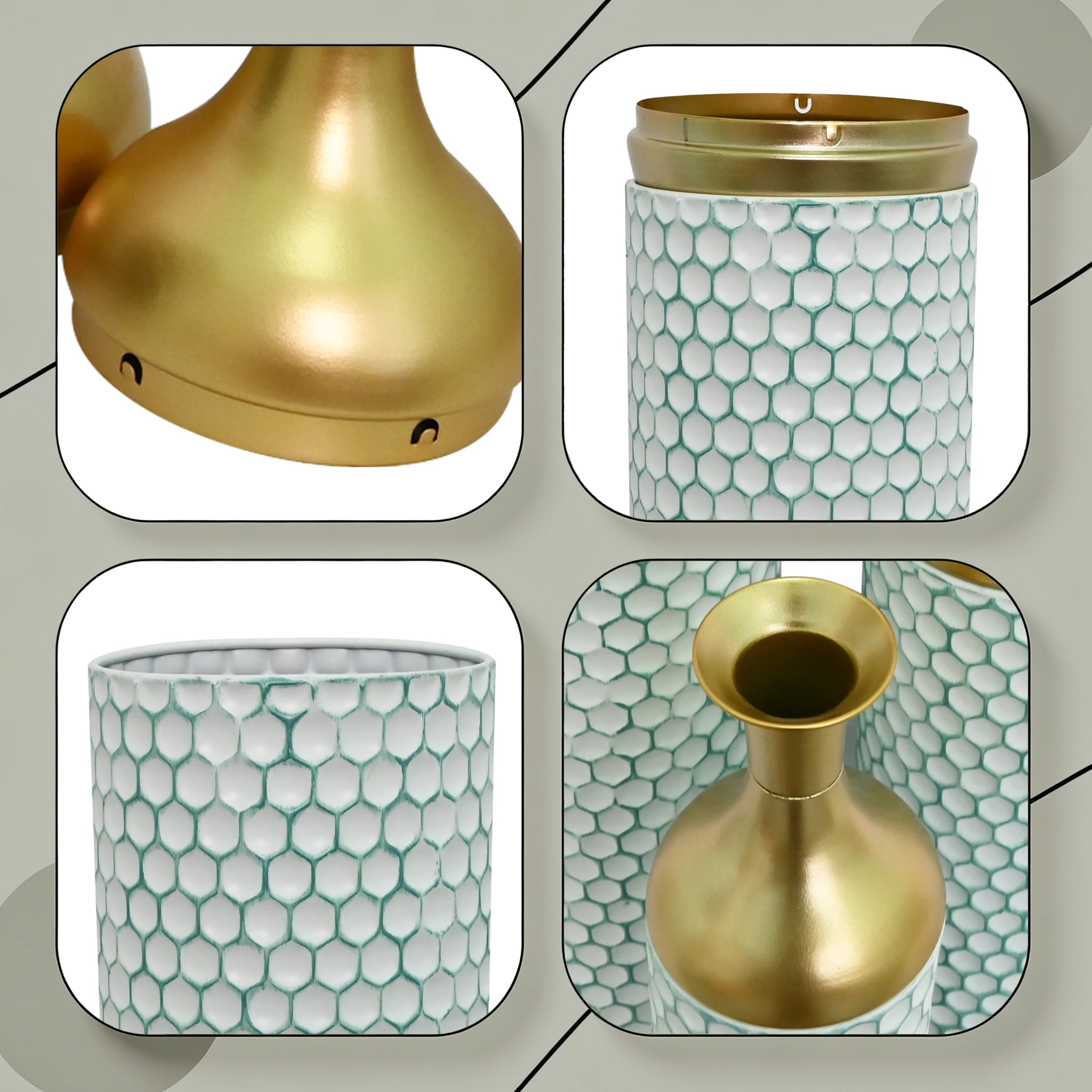 Noble House Set of 3 Decorative Metal Floor Vases, Tall Honeycomb Textured Vases for Home Decor, White+Gold