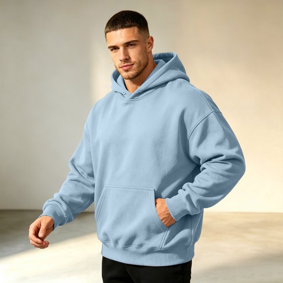 Men's Heavy Blend Drawcord Hooded Sweatshirt fall winter Casual Long Sleeves Hooded Sweatshirt with Kangaroo Pockets Light Blue S