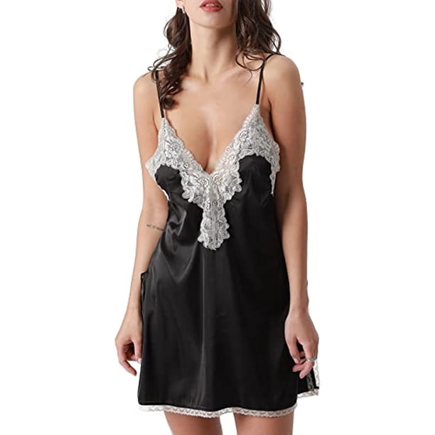 Camisón de satén con escote en V profundo y encaje para mujer