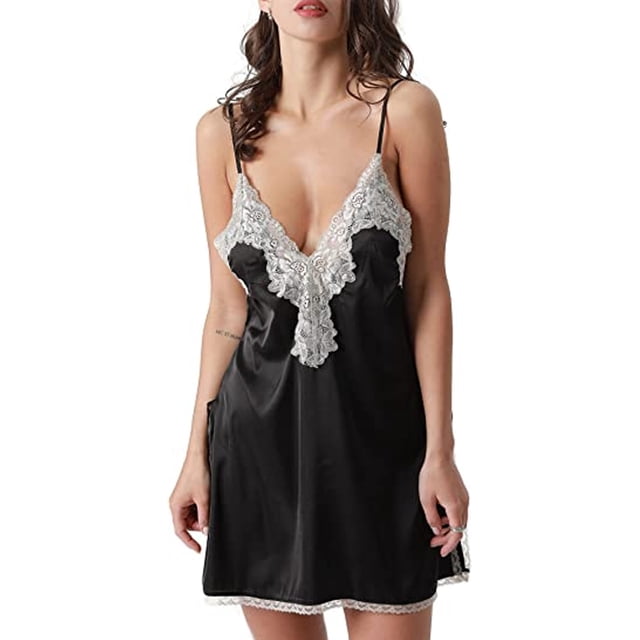 Camisón de satén con escote en V profundo y encaje para mujer