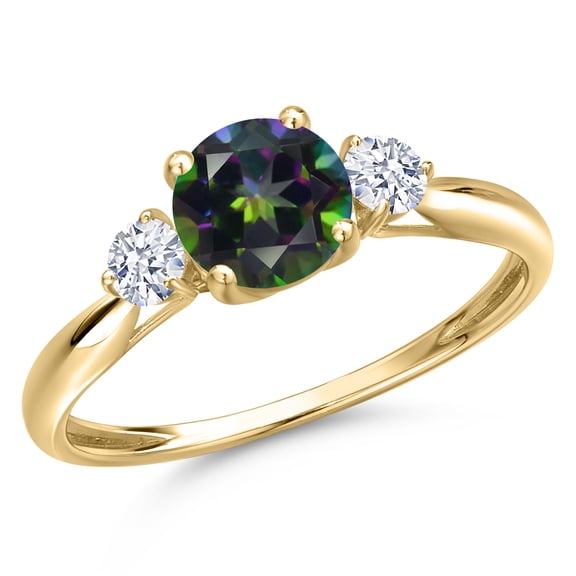 Gem Stone King 10K Yellow Gold Green Mystic Topaz and White Zirconia 3-Stone Ring for Women | 1.22 Cttw | Round 6MM | Gemstone November Birthstone | Size 8