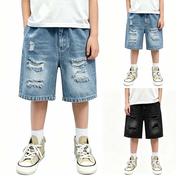 Crunowin Boys Summer Denim Shorts Lightweight Loose Elastic Waist Trendy Jeans Light Blue Size 9