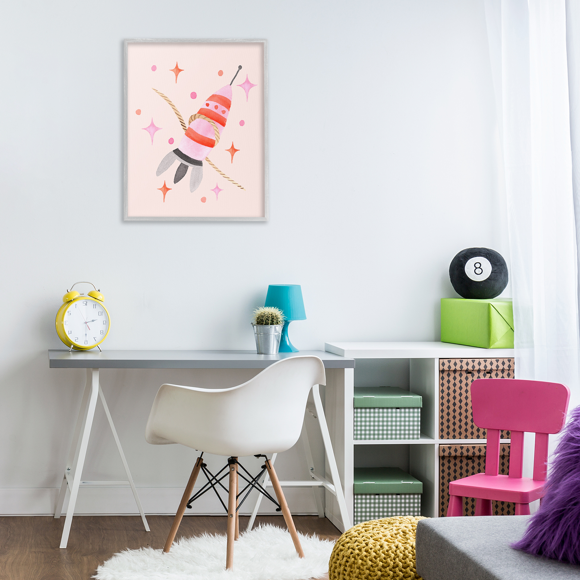 Spaceship with Lasso Gray Framed Giclee Art, design by Nina Jacobs