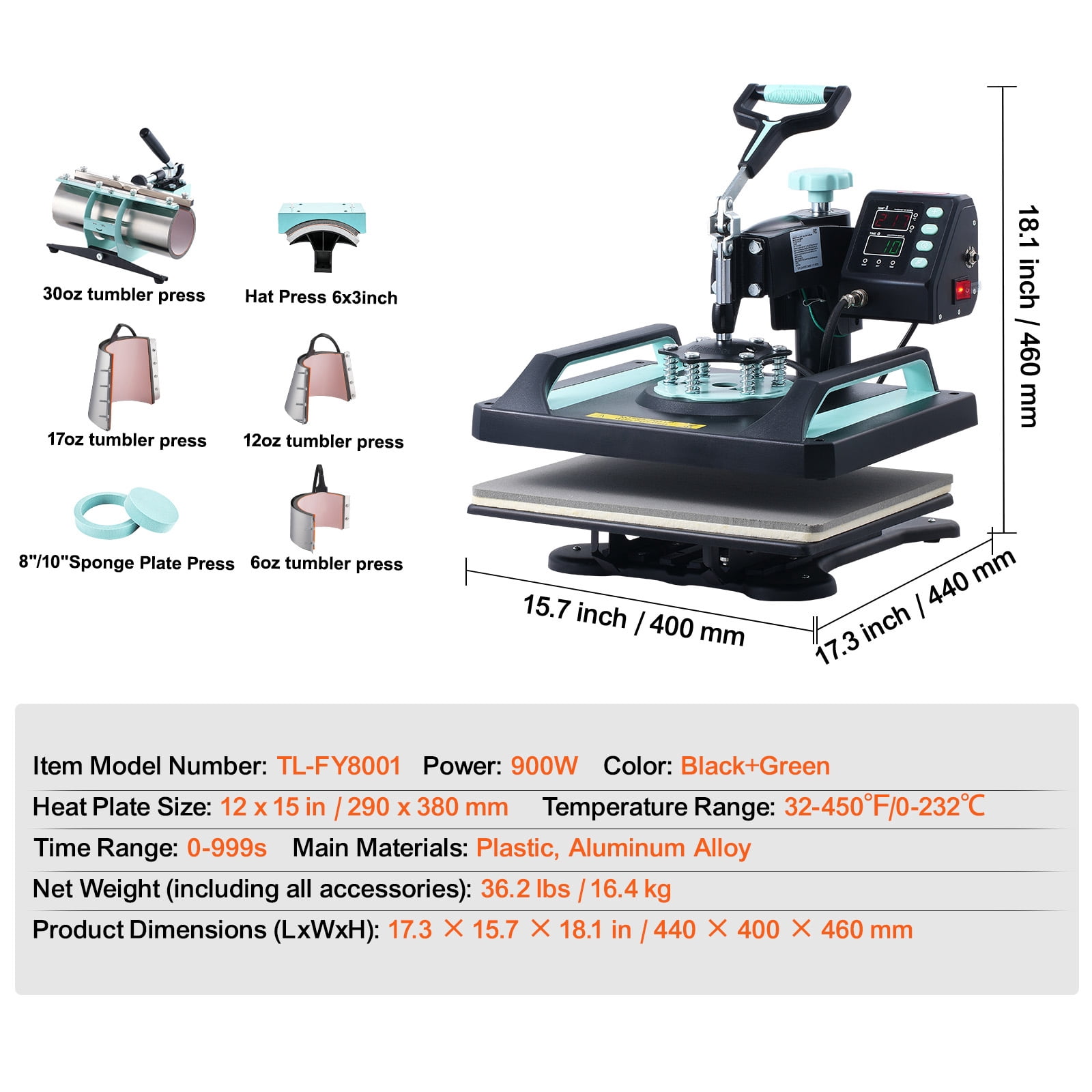 KFFKFF Heat Press, 12x15 inch, 8-in-1 Transfer Device with 30 oz Cup Press, Swivels 360°, Digital Control for T-Shirts/Mugs/Caps/Dishes, Teflon-Coated, Black and Green