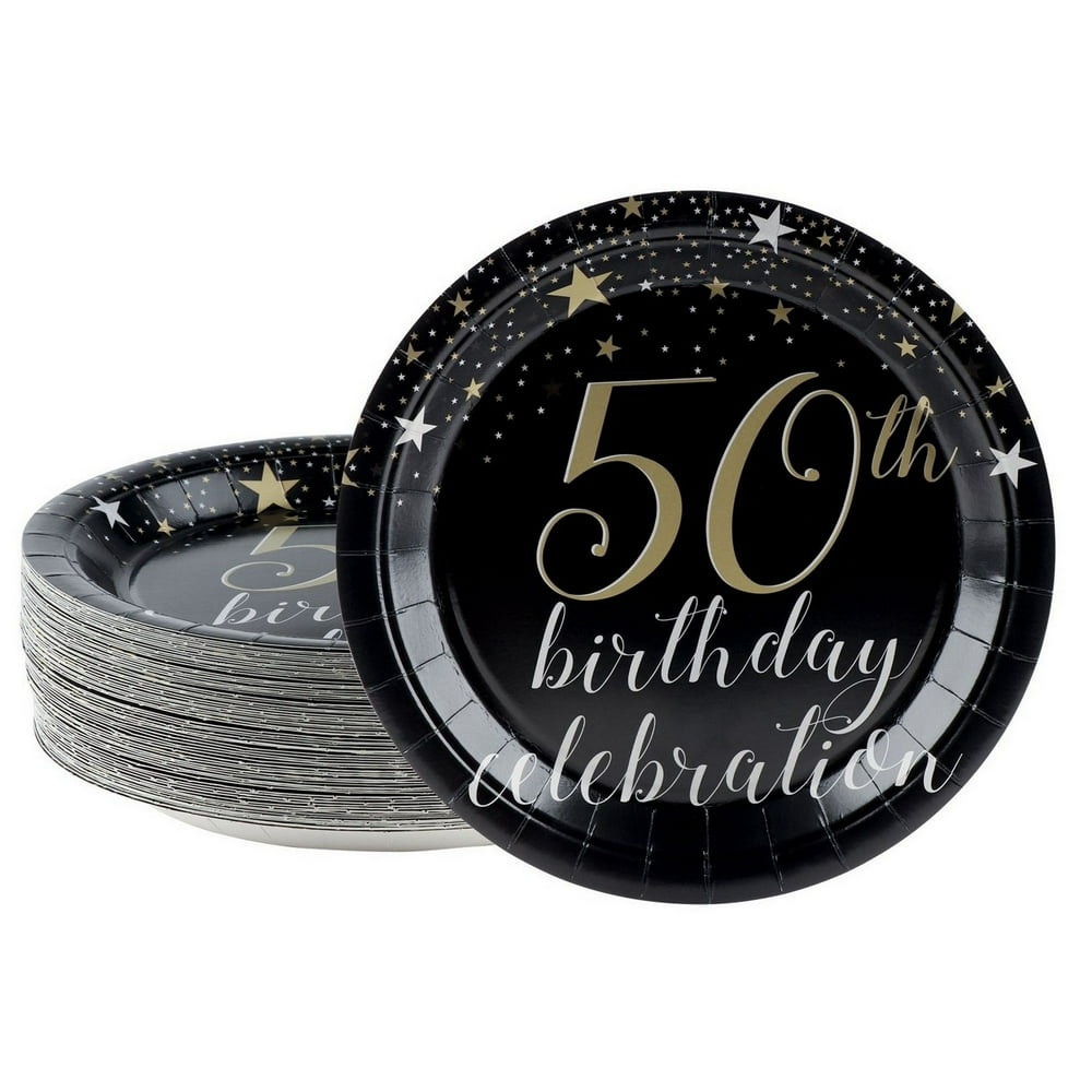 80Count 50th Birthday Party Paper Plates 9", Black and Gold Foil